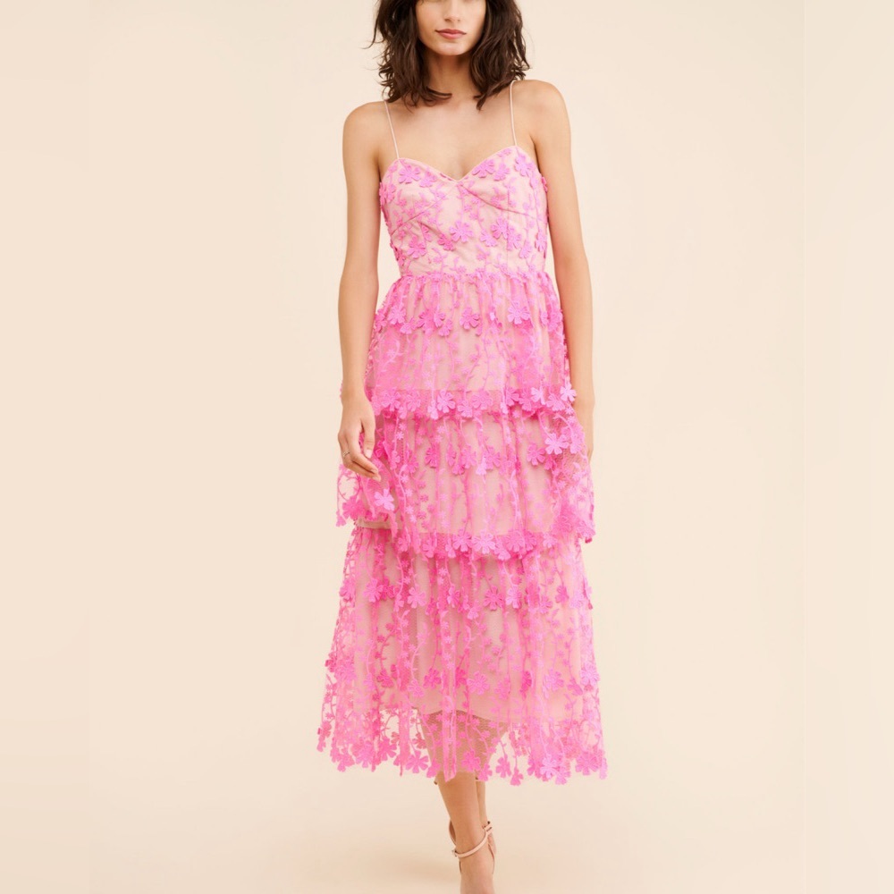 Endless Rose Floral Embroidered Tiered Lace Midi Dress